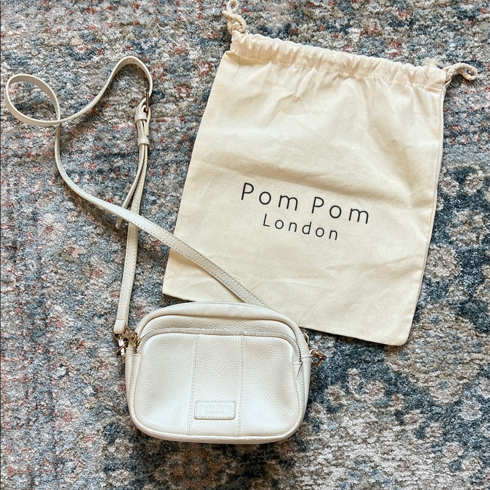 Pom Pom London Crossbody Bag. Stone color. Size is 6 x 8”.